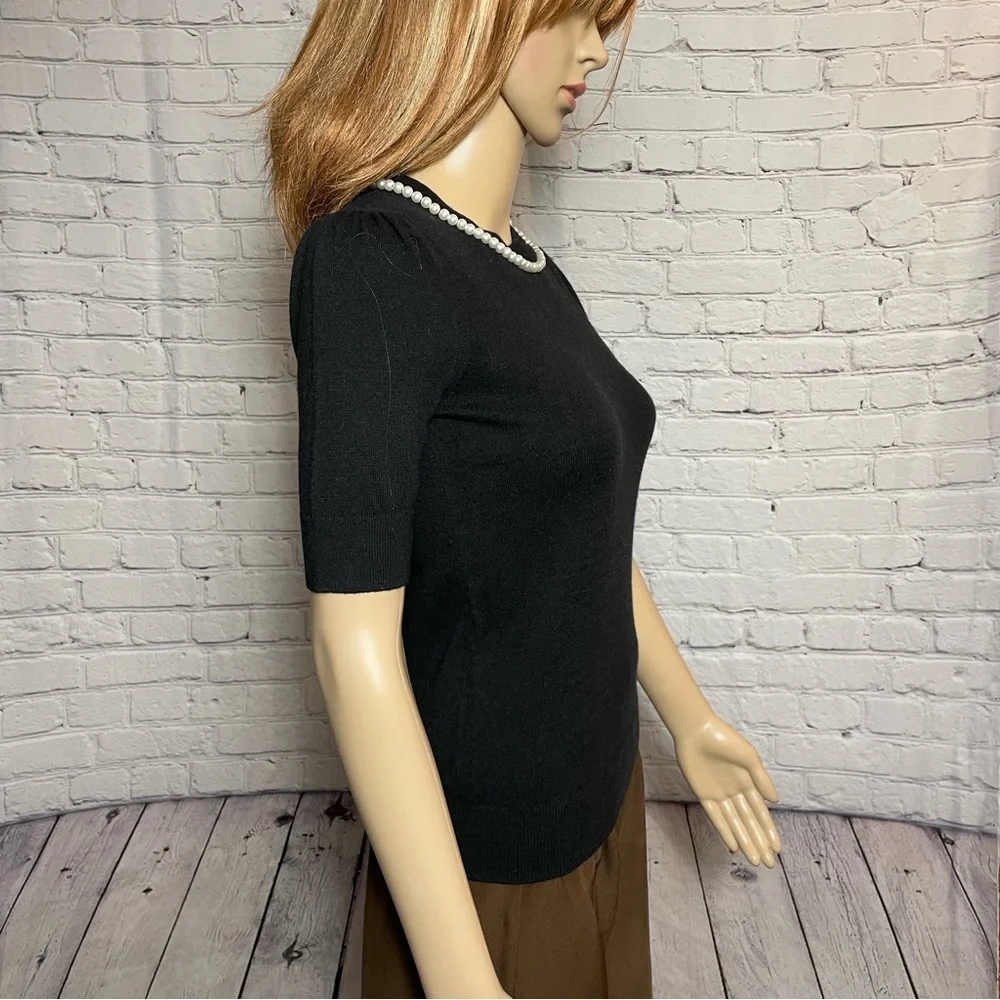 New Kate Spade Black Pearl-Embellished Short-Sleeve Sweater Size XXS